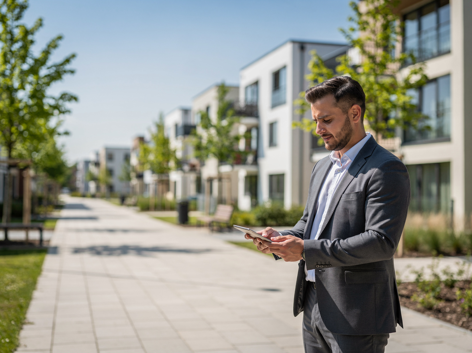 Gutachter bewertet ein modernes Neubauquartier in Frankfurt am Main